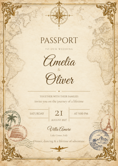 Vintage Passport Wedding Invitation featuring Amelia and Oliver