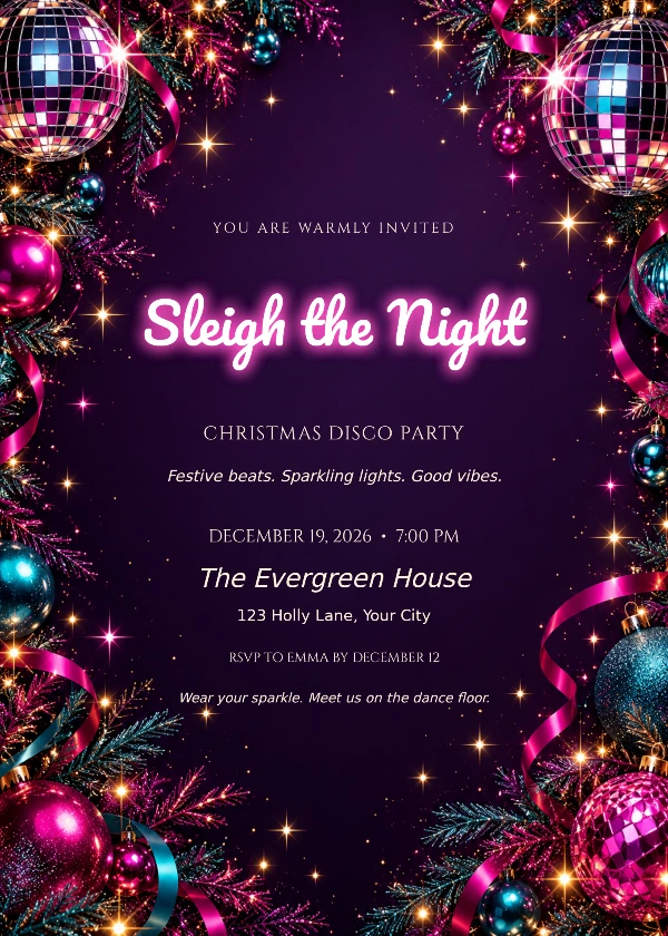 Neon Disco Christmas Party Invitation with glowing Sleigh the Night headline