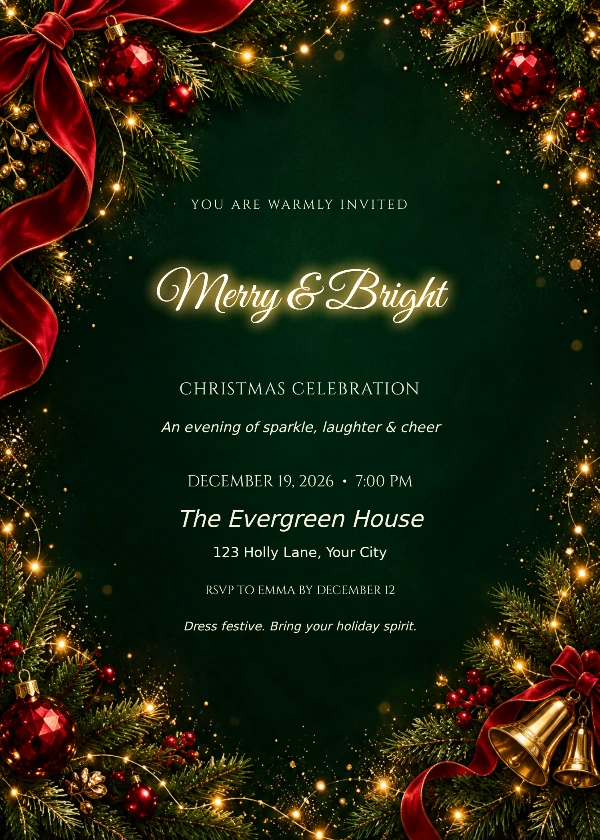 Emerald Christmas Party Invitation with glowing Merry & Bright headline