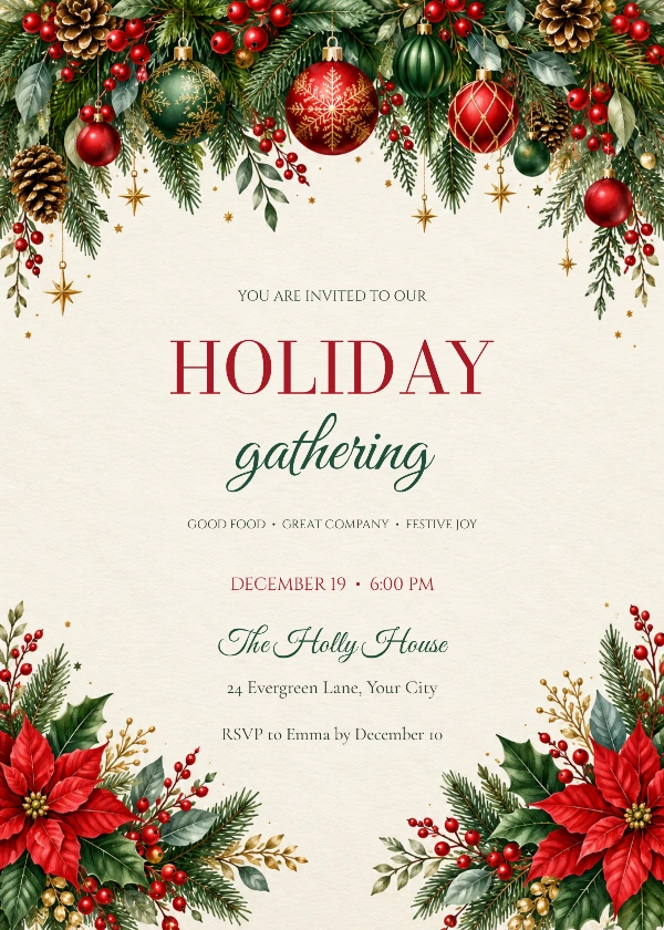 Festive Holiday Gathering Invitation with stylish script and serif event wording