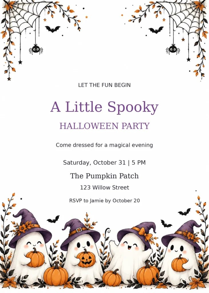 Friendly Ghosts Halloween Party Invitation with sample editable event details