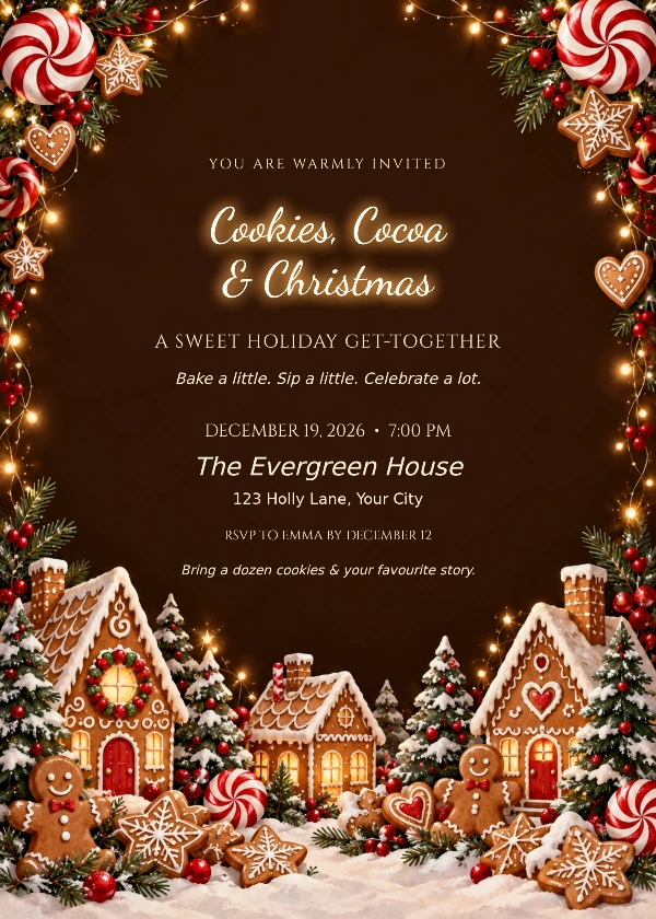 Gingerbread Christmas Cookie Party Invitation with glowing Cookies, Cocoa & Christmas headline
