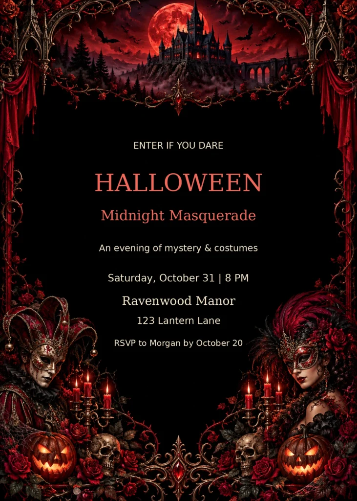 Gothic Masquerade Halloween Party Invitation with sample editable event details