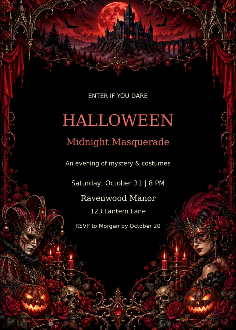 Gothic Masquerade Halloween Party Invitation with sample editable event details