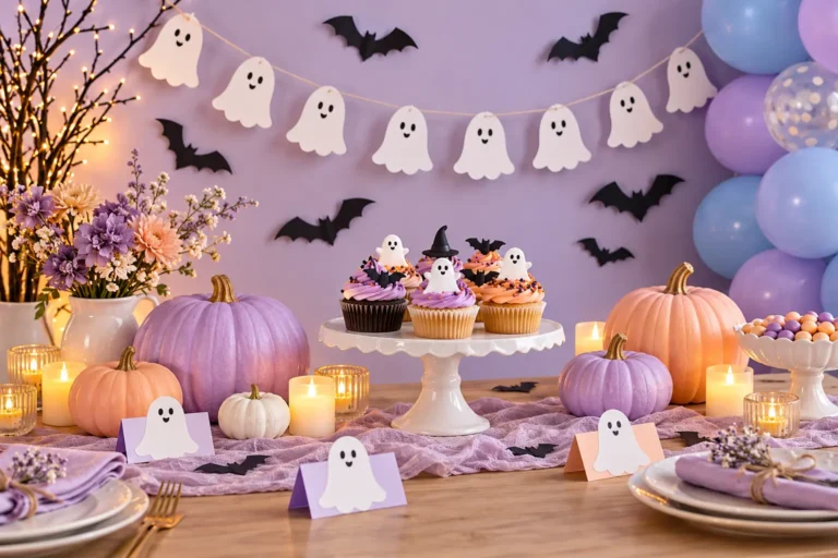 Lilac Halloween party table with paper ghosts, pastel pumpkins, cupcakes and a balloon display.