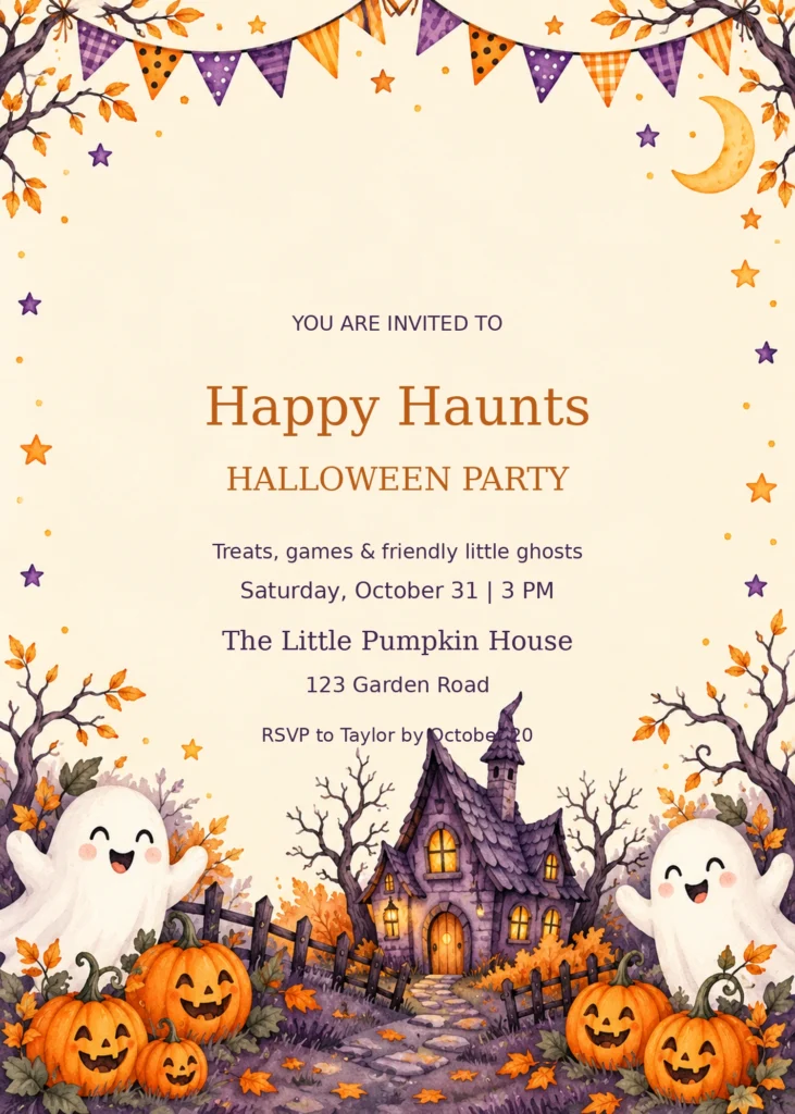 Happy Haunts Kids Halloween Party Invitation with sample editable event details