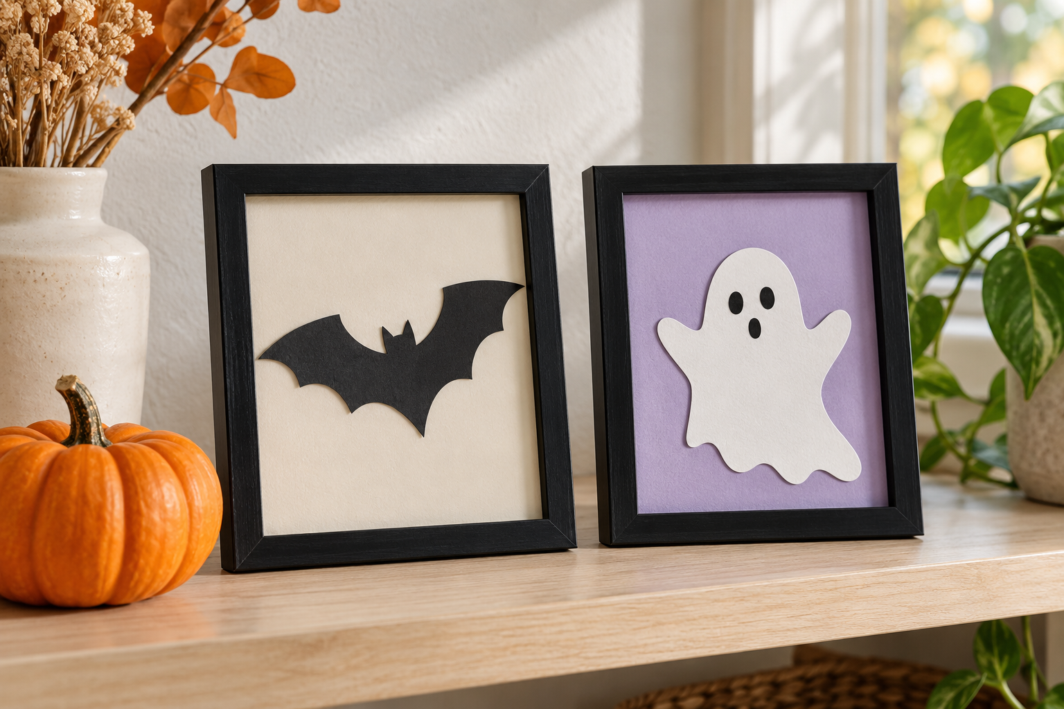 Black frames displaying a bat silhouette on cream paper and a white ghost on lilac paper beside a small pumpkin