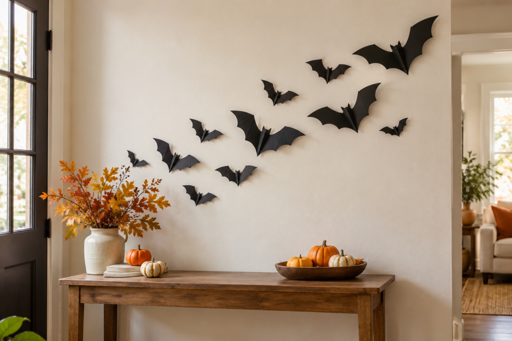 Black paper bats arranged above an entry table.