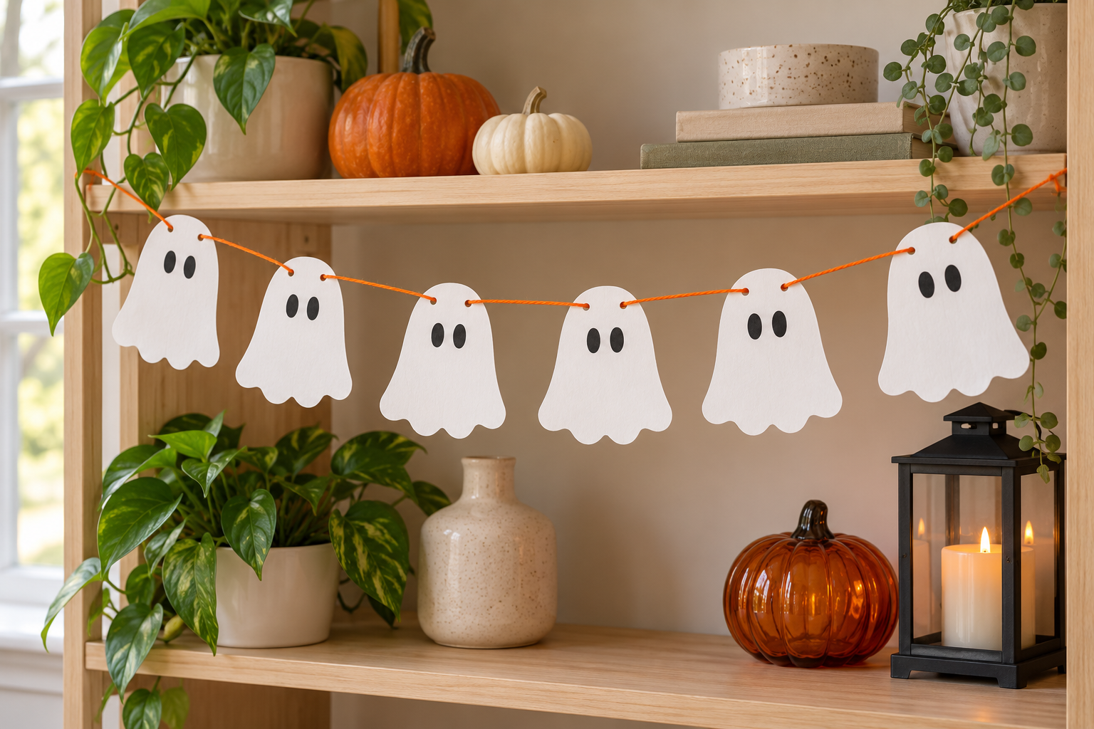 Six white paper ghosts with black oval eyes threaded onto orange twine across a wooden shelf