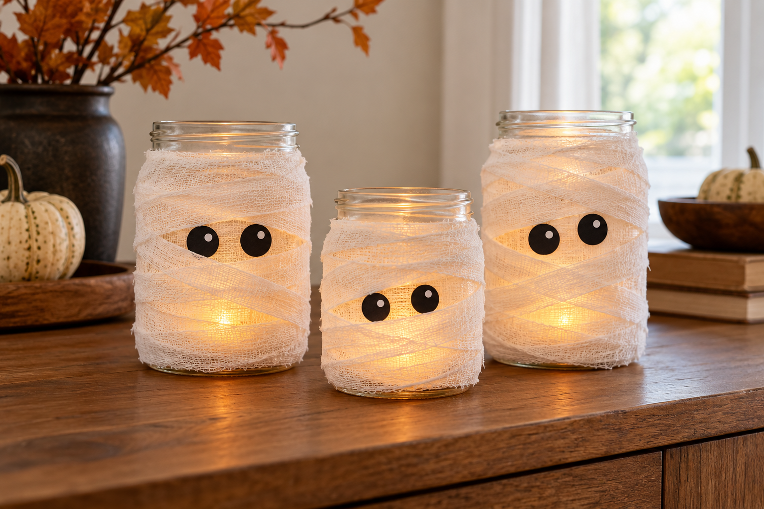 Three glass mummy jars wrapped in white gauze with black paper eyes and warm lights inside