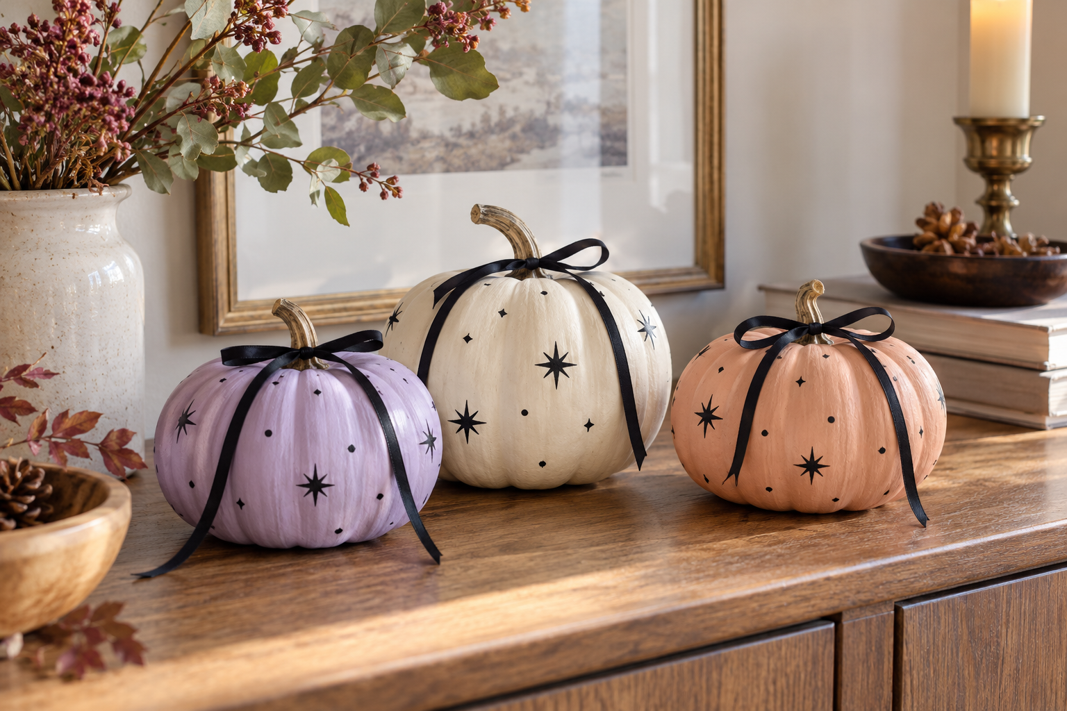 Lilac, cream and peach pumpkins decorated with black stars, dots and ribbon bows