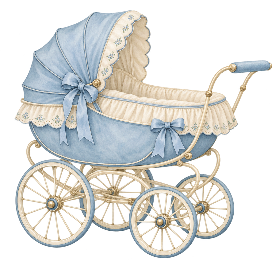 Vintage Blue Baby Pram PNG on transparent background