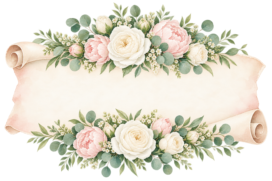 Elegant watercolor floral parchment scroll PNG on transparent background