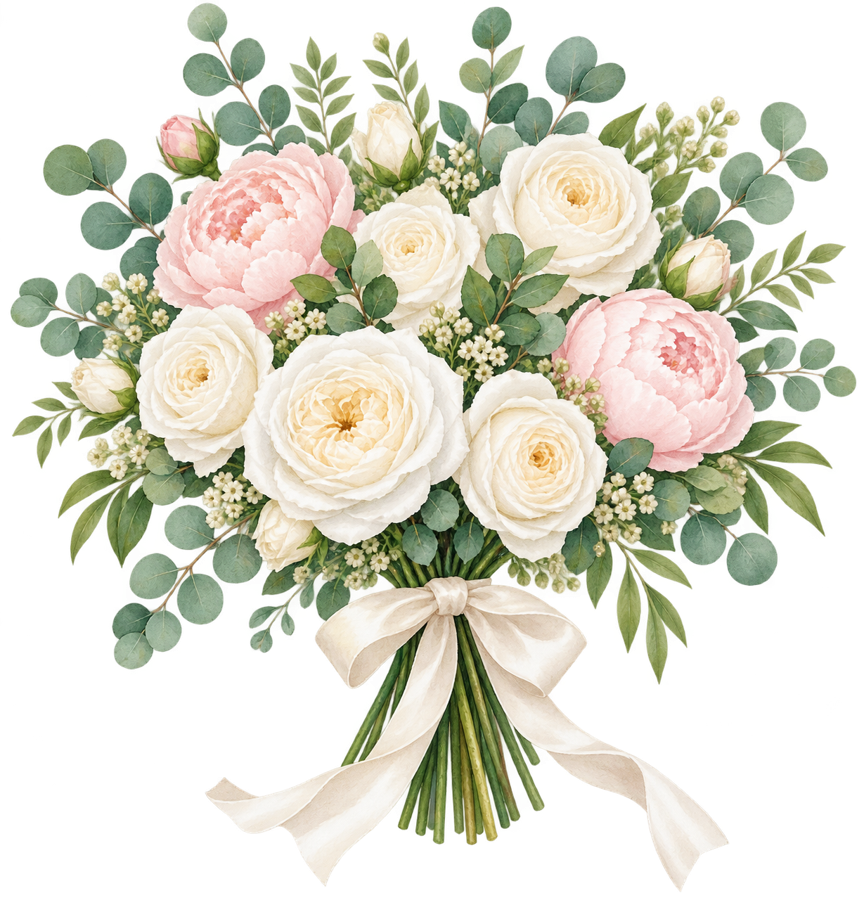 Hand-Tied White Rose and Blush Peony Bouquet PNG on transparent background