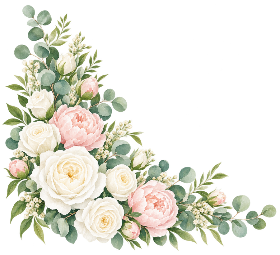 L-shaped watercolor roses and peonies PNG on transparent background