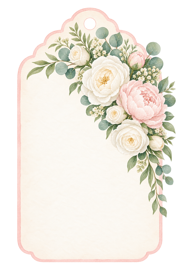 Watercolor Rose and Peony Gift Tag PNG on transparent background