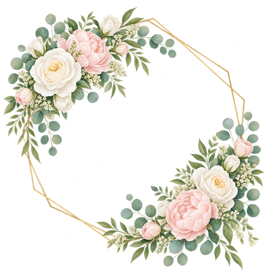Watercolor Roses, Peonies and Gold Frame PNG on transparent background