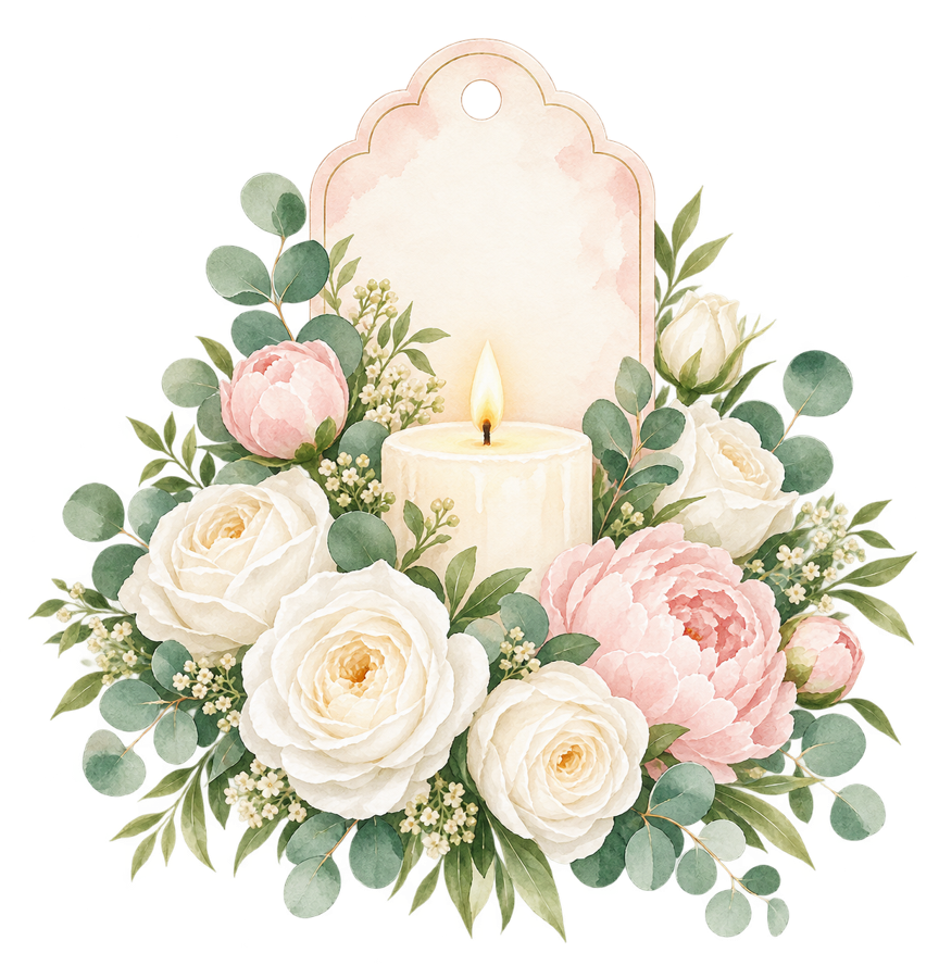 Watercolor floral gift tag with candle PNG on transparent background