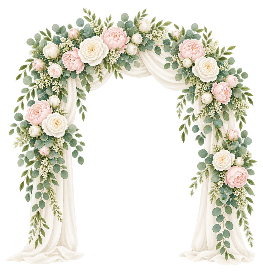 Watercolor wedding arch with roses and peonies PNG on transparent background