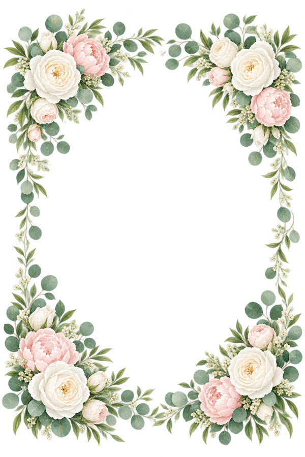 White Roses and Blush Peony Frame PNG on transparent background