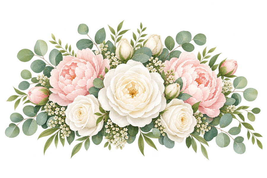 White Roses, Blush Peonies, and Eucalyptus PNG on transparent background
