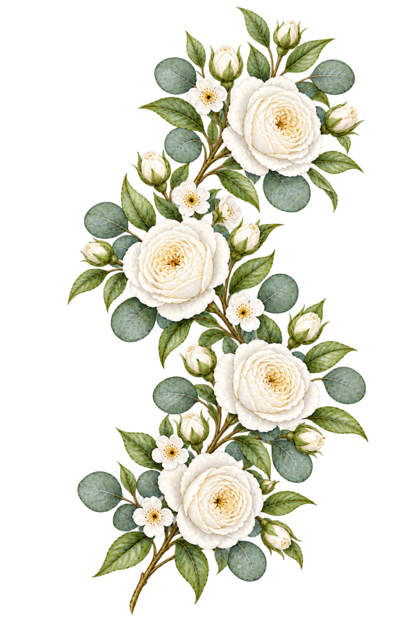 Watercolor White Rose Vertical Floral Vine PNG on transparent background