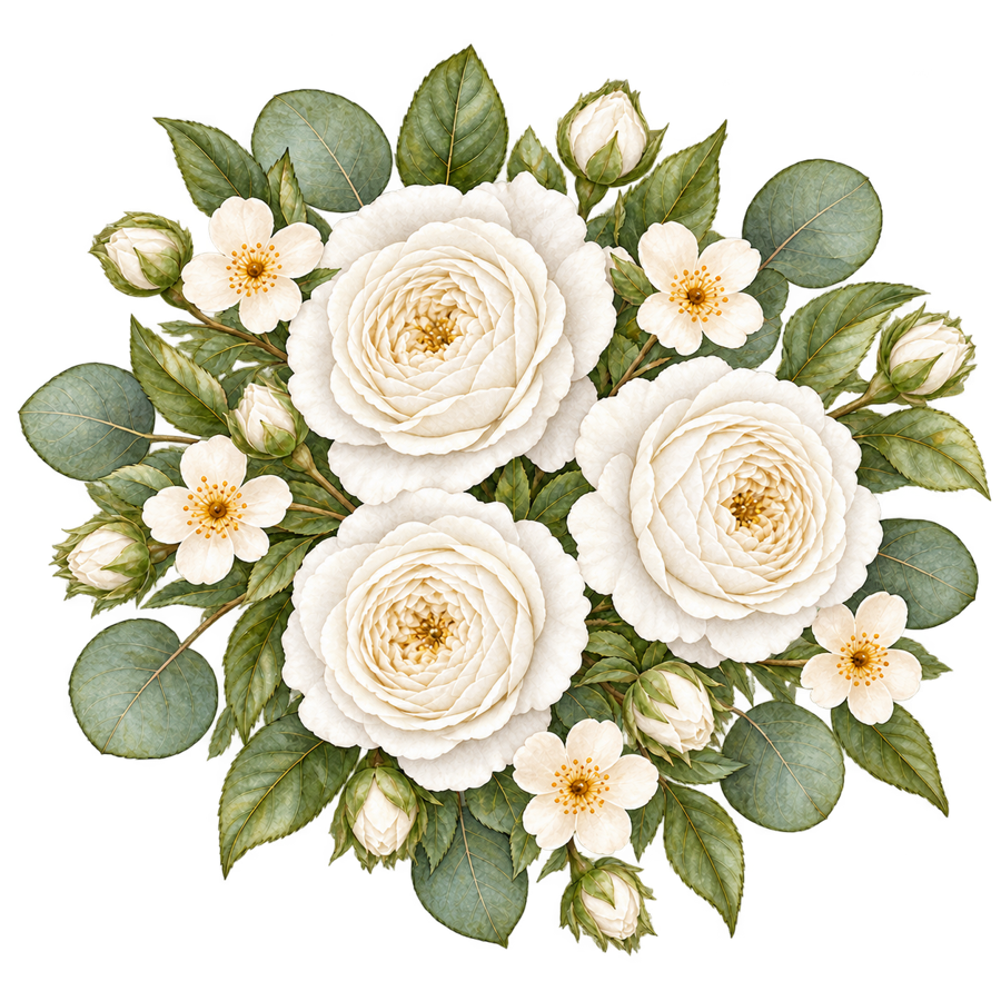 Watercolor White Rose Small Floral Bunch PNG on transparent background