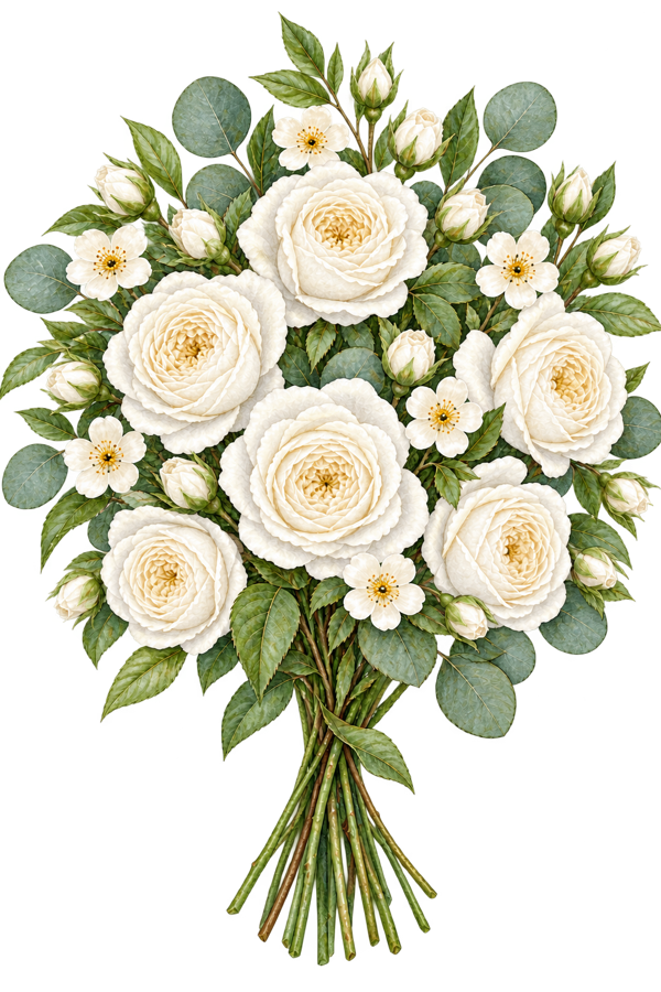 Watercolor White Rose Stemmed Rose Bouquet PNG on transparent background