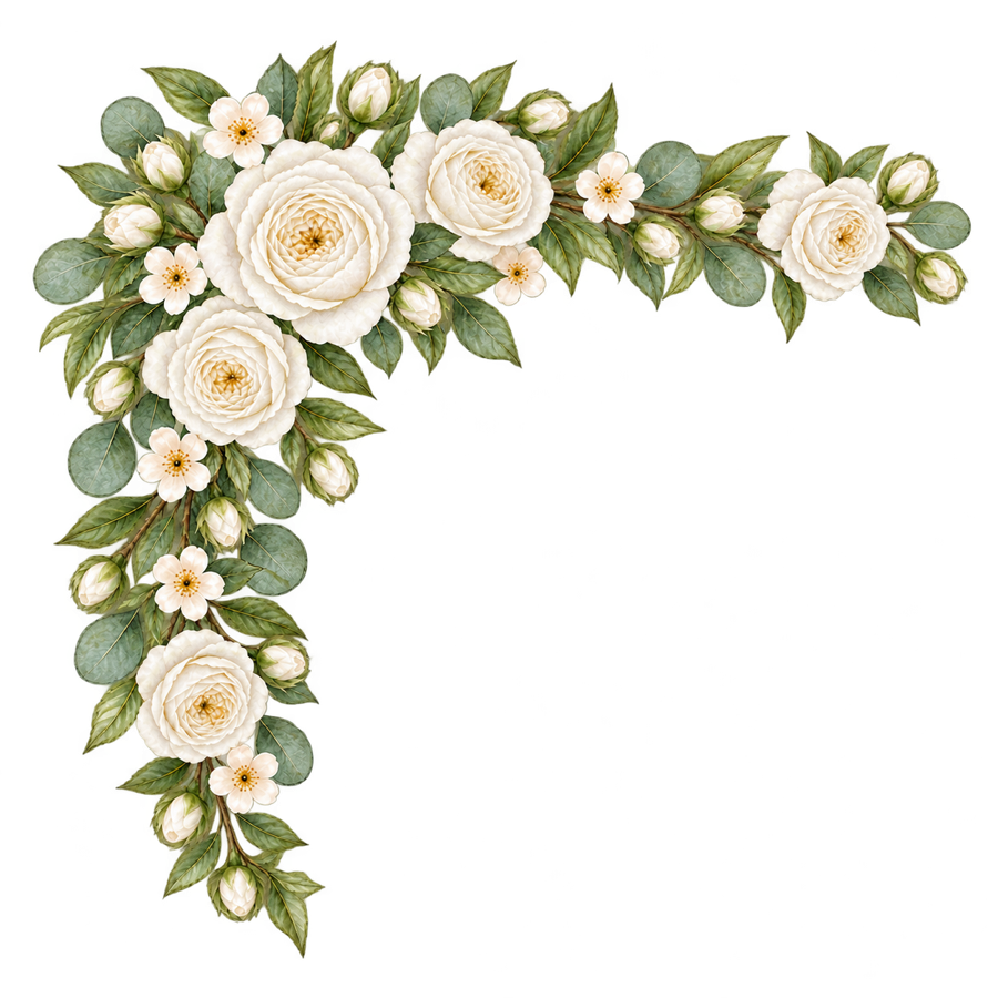 Watercolor White Rose Top Left Corner Border PNG on transparent background