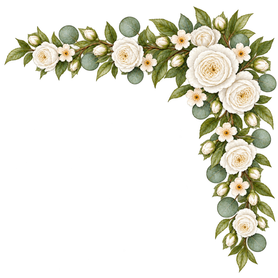 Watercolor White Rose Top Right Corner Border PNG on transparent background