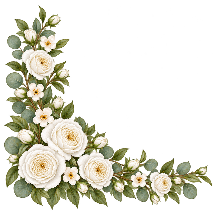 Watercolor White Rose Bottom Left Corner Border PNG on transparent background