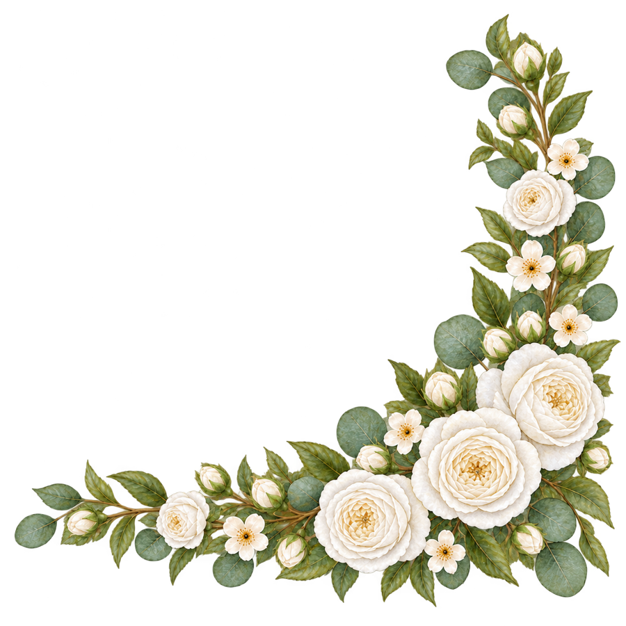 Watercolor White Rose Bottom Right Corner Border PNG on transparent background