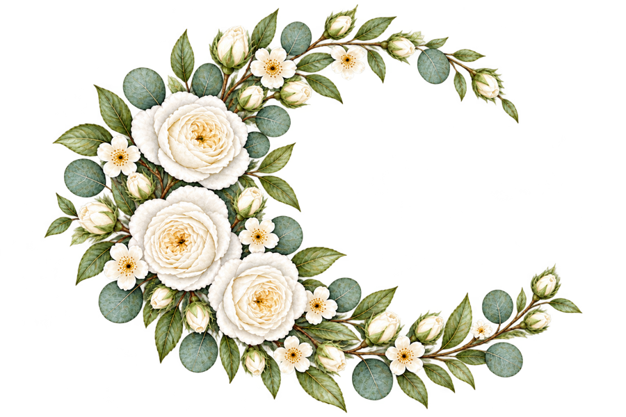 Watercolor White Rose Crescent Floral Spray PNG on transparent background