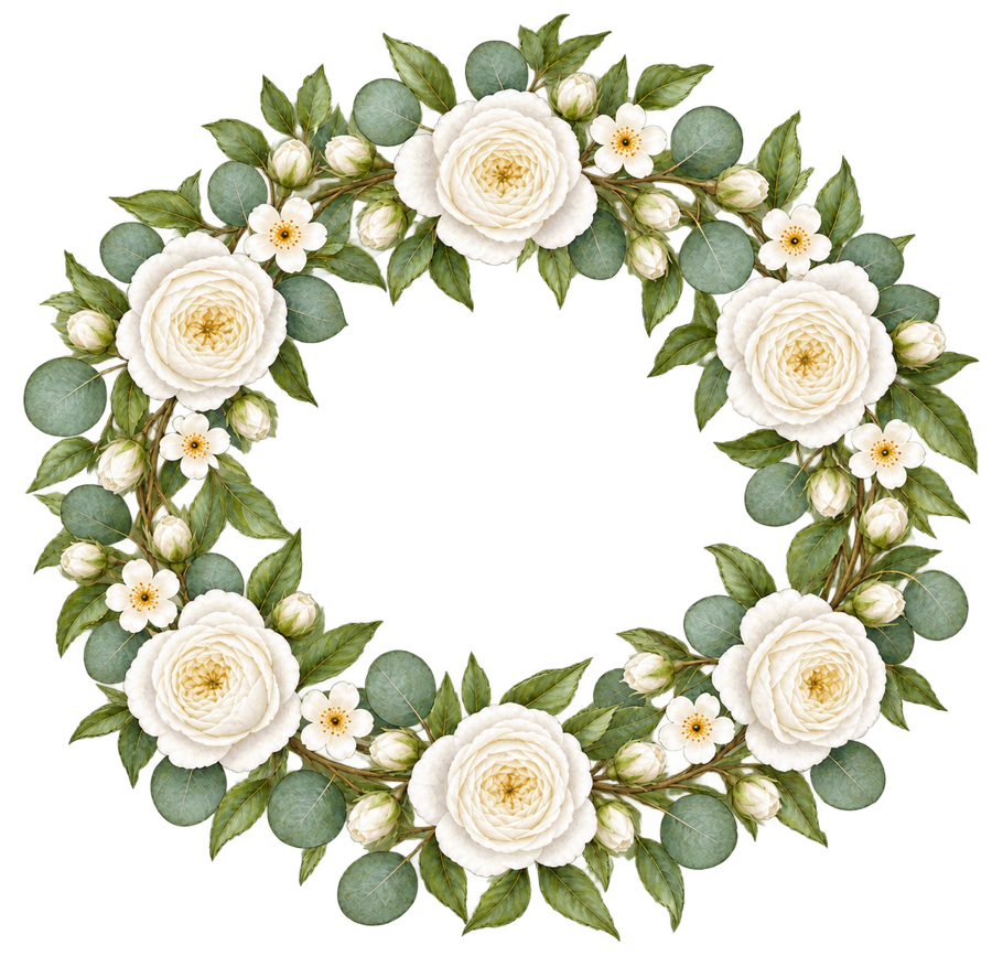 Watercolor White Rose Circular Floral Wreath PNG on transparent background