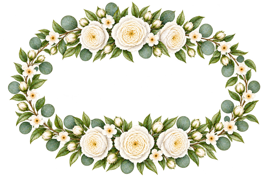 Watercolor White Rose Oval Floral Wreath PNG on transparent background