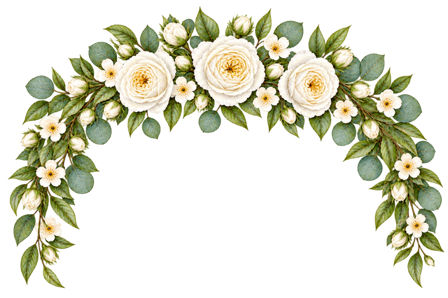 Watercolor White Rose Floral Arch Border PNG on transparent background