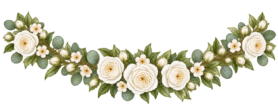 Watercolor White Rose Curved Bottom Swag PNG on transparent background