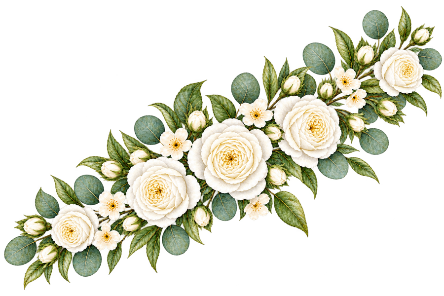 Watercolor White Rose Diagonal Floral Spray PNG on transparent background