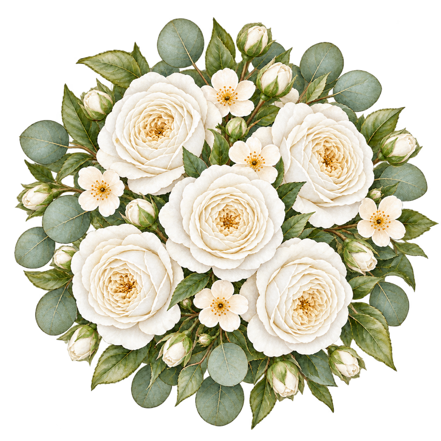 Watercolor White Rose Round Rose Posy PNG on transparent background