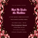 Pink Bow Christmas Party Invitation with glowing Meet Me Under the Mistletoe headline