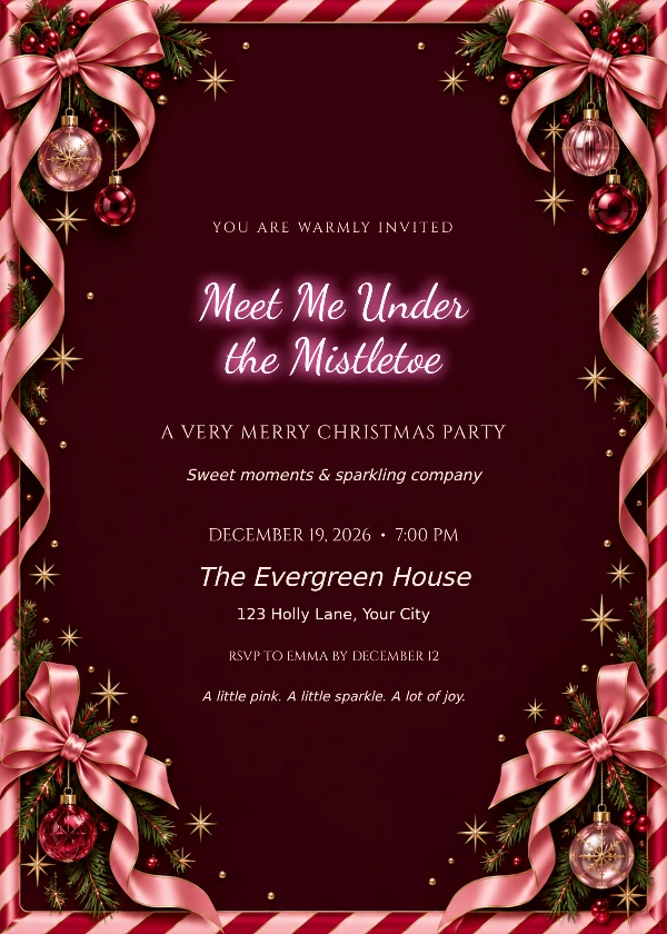 Pink Bow Christmas Party Invitation with glowing Meet Me Under the Mistletoe headline