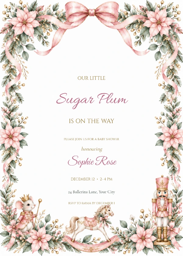 Pink Sugar Plum Christmas Baby Shower Invitation with stylish script and serif event wording