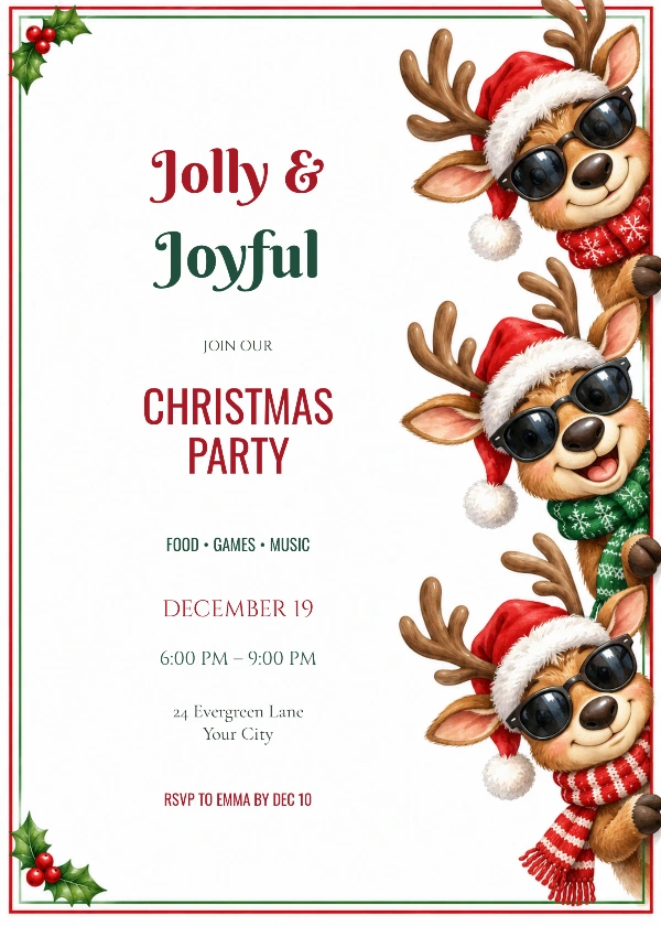 Playful Reindeer Christmas Party Invitation with stylish script and serif event wording