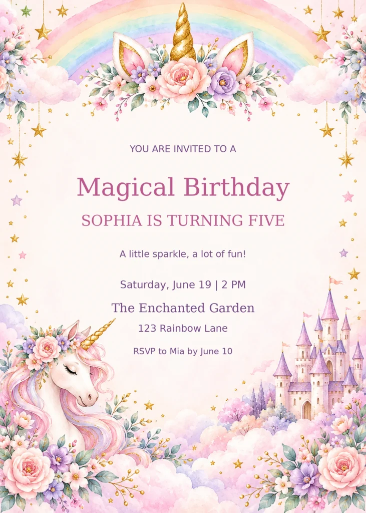 Pastel Rainbow Unicorn Birthday Invitation with sample editable event details