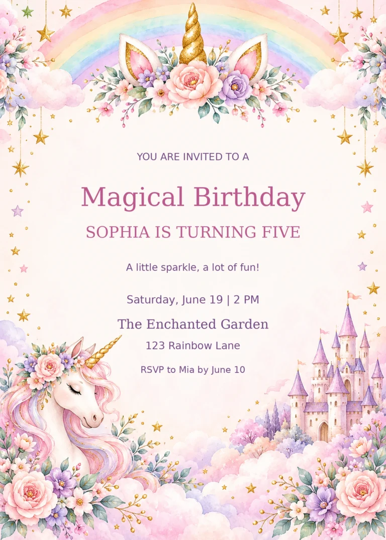Pastel Rainbow Unicorn Birthday Invitation with sample editable event details
