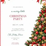 Red Stripe Christmas Tree Party Invitation with stylish script and serif event wording