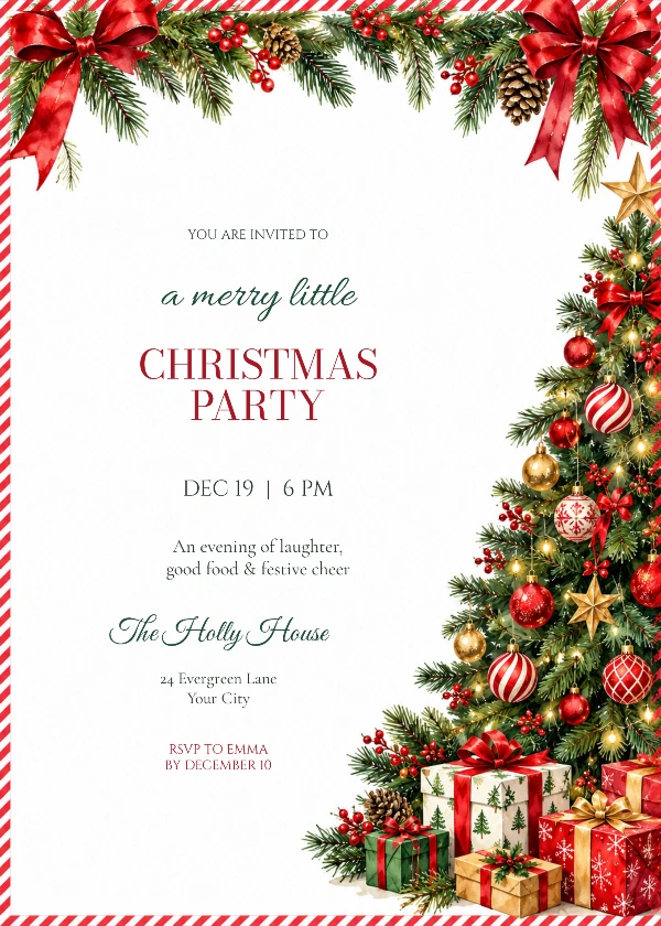 Red Stripe Christmas Tree Party Invitation with stylish script and serif event wording