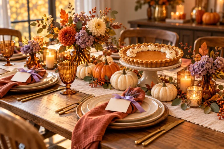 Autumn Thanksgiving table with pumpkins, pumpkin pie, terracotta napkins and lilac-ribbon place cards.