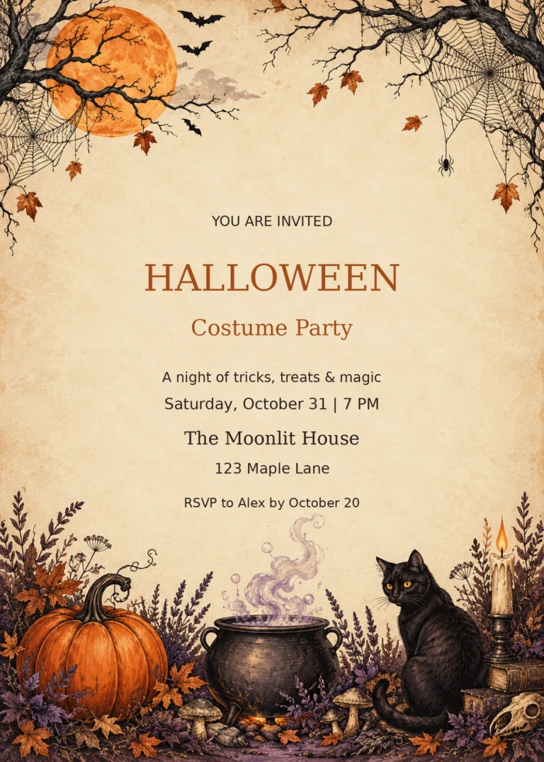 Vintage Moon Halloween Costume Party Invitation with sample editable event details