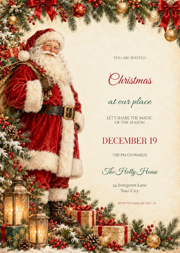 Vintage Santa Christmas Celebration Invitation with stylish script and serif event wording